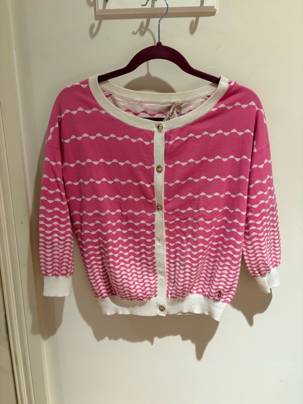 Juicy Couture Pink and White Patterned Button-Front Cardigan